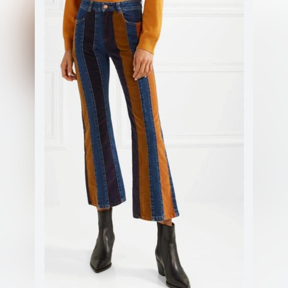 See by Chloe High Rise Wide Leg 10” Flare Denim Suede Striped Jeans size 27